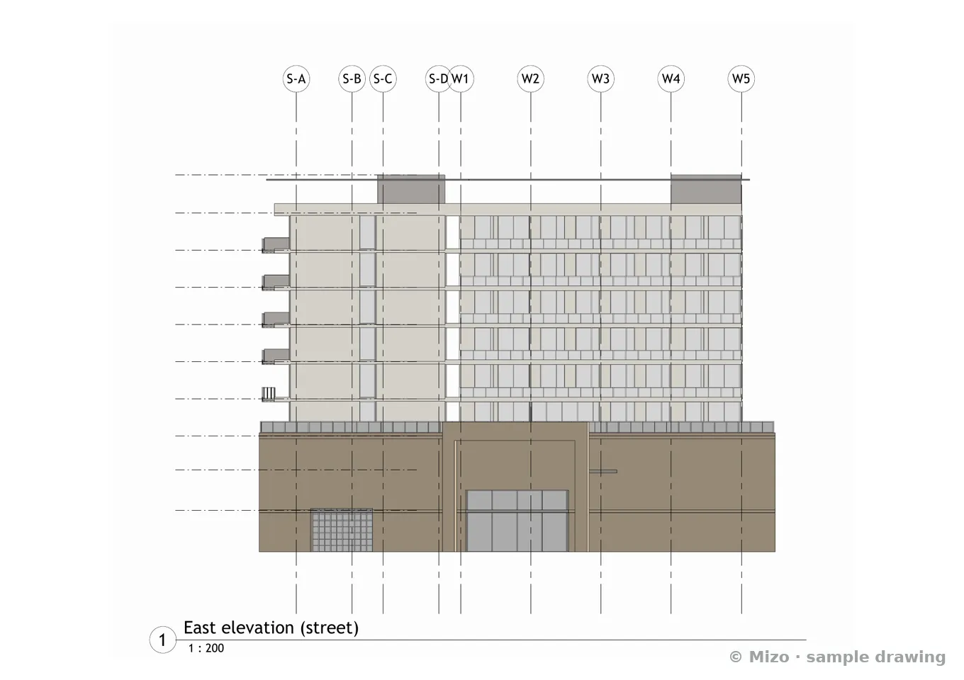 Sample drawing: East elevation, street side