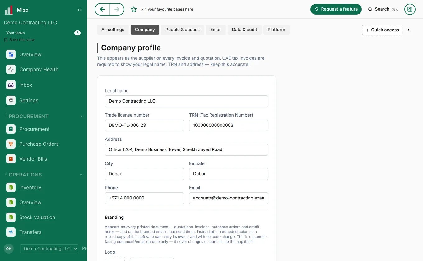 Company tax details in Mizo with TRN, trade licence and emirate