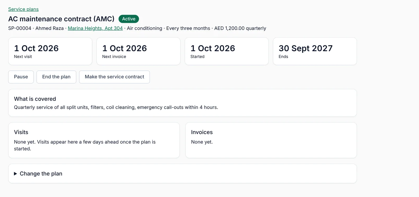 A service plan in Mizo with its next visit, next invoice, what is covered, visits and invoices