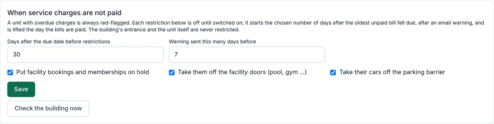 The service-charge enforcement settings for a building in Mizo: days of grace, days of warning, and switches for bookings, doors and vehicles