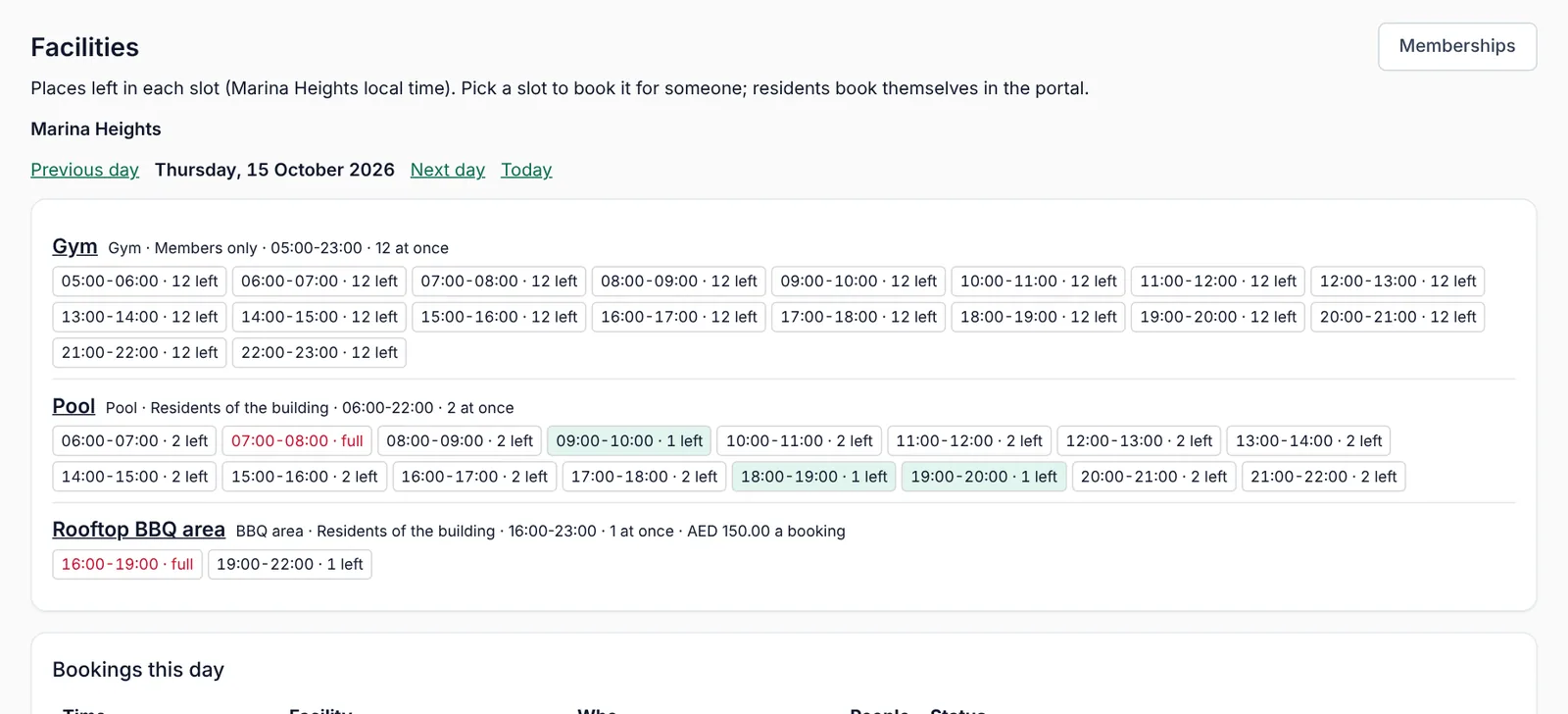 The facilities screen with live availability per slot