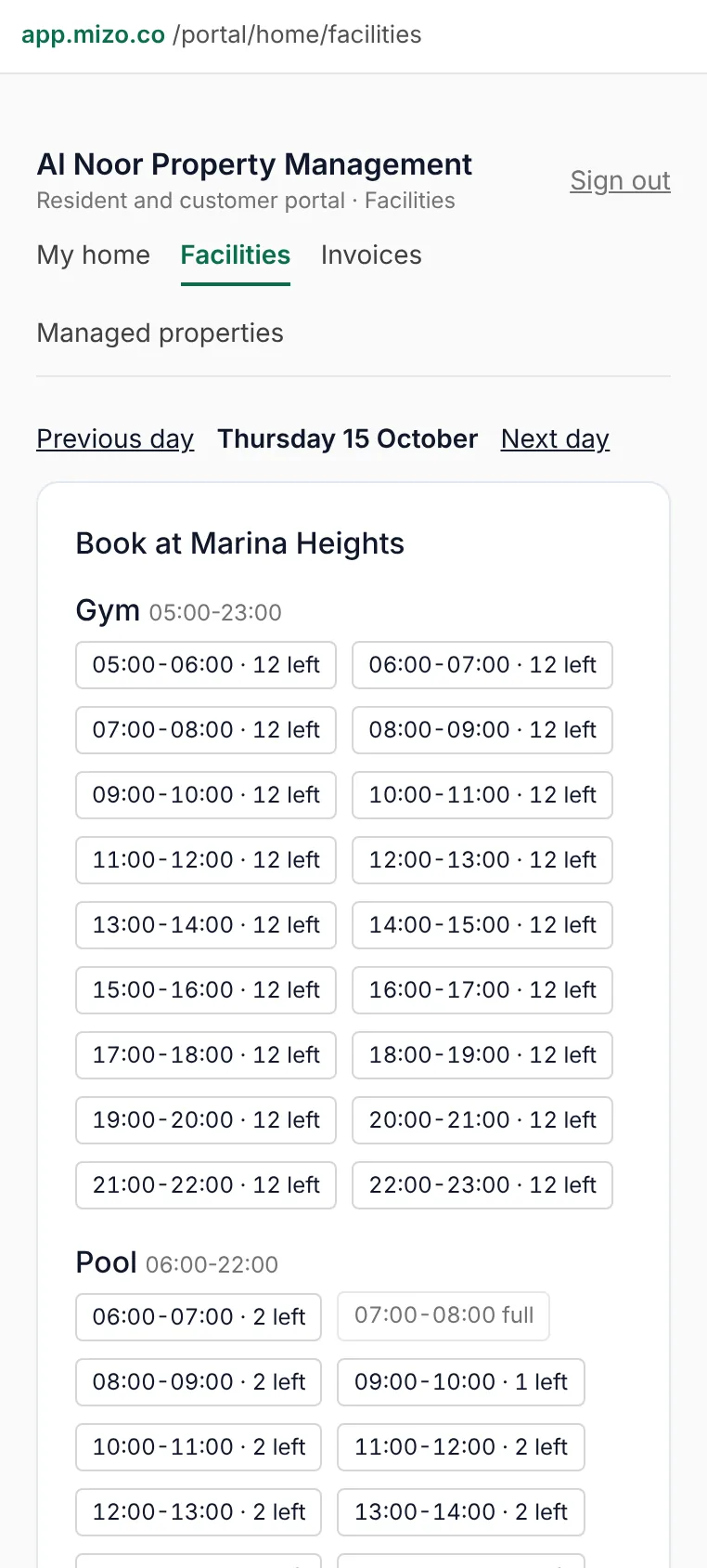 Booking a facility slot from the resident portal on a phone