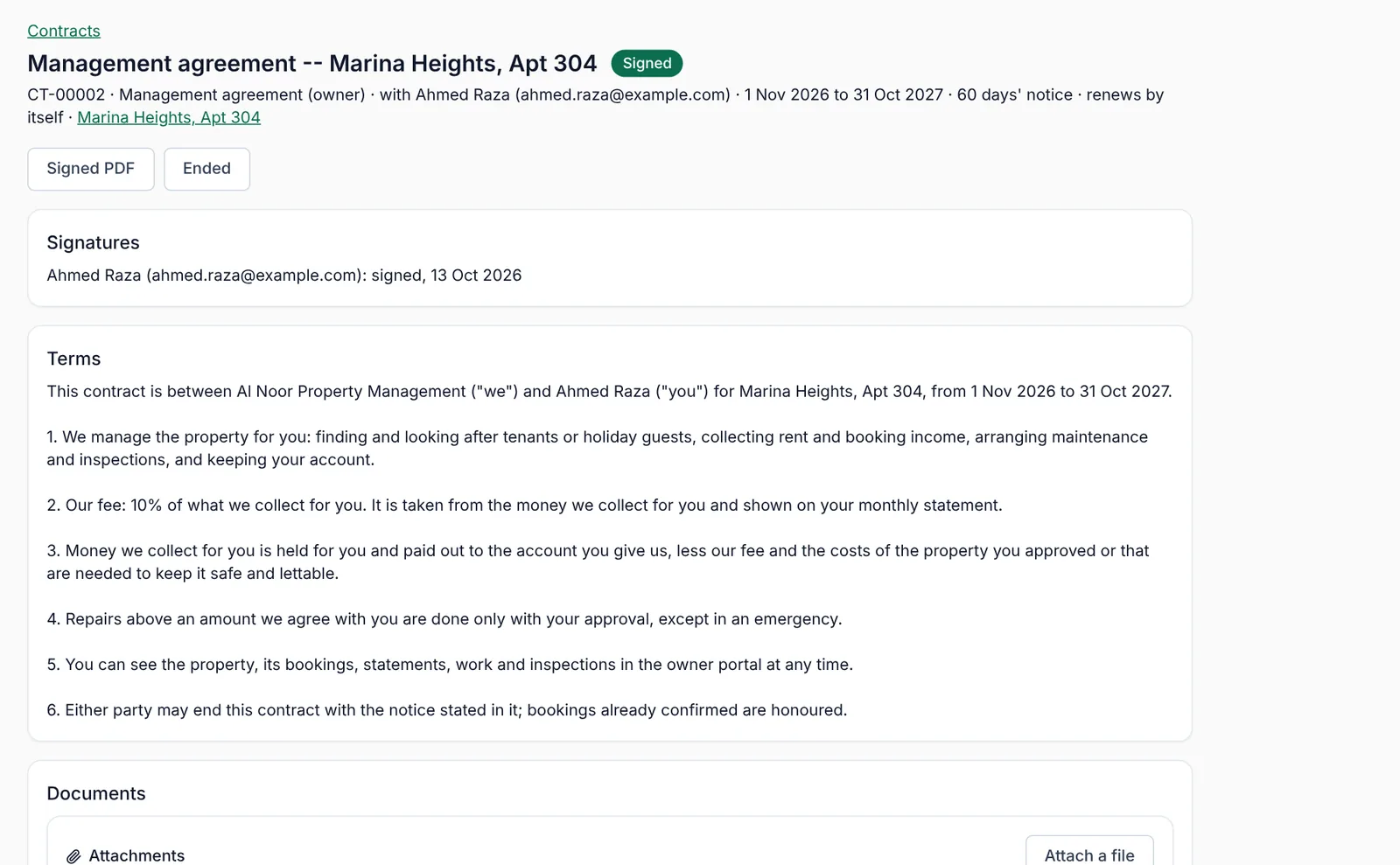 The Contracts screen in Mizo with drafts, out for signature, signed and expiring counts, and the contract list