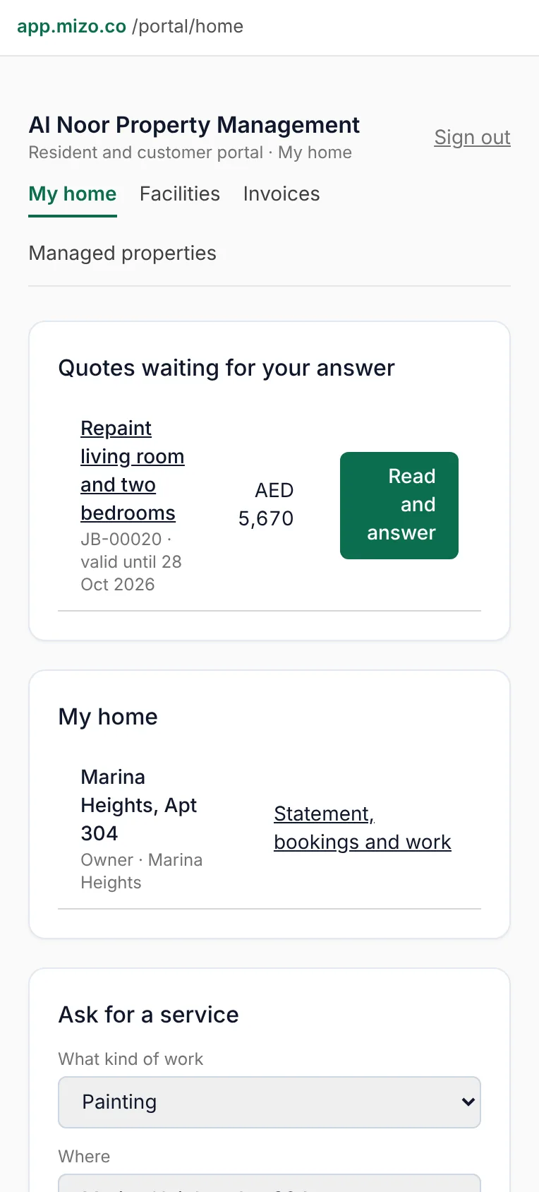 The resident and customer portal: quotes, requests, bookings, invoices.