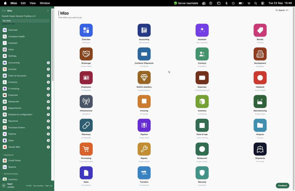 The Mizo launcher showing twenty-seven modules — from Accounting and Inventory to Restaurant, Gold & Jewellery, Pharmacy, Brokerage, and Container Shipments — each with a live count