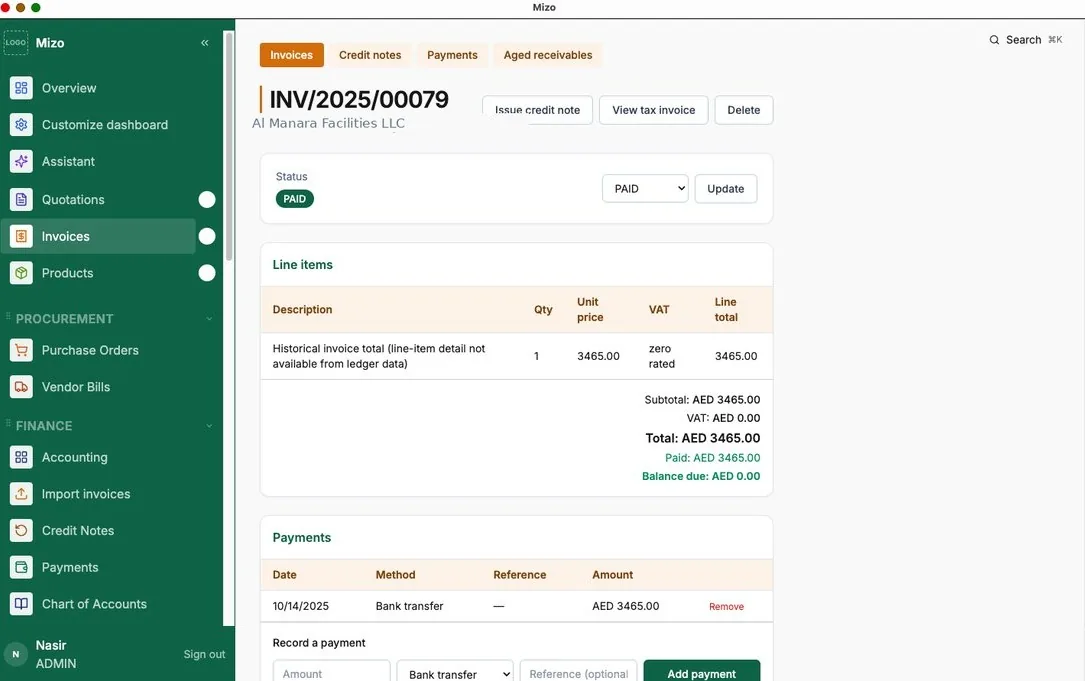 A real, posted Mizo invoice showing line items, payment history, and balance due