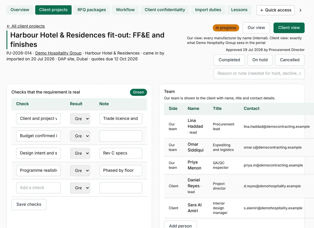 A client procurement project with its requirement checks and approval