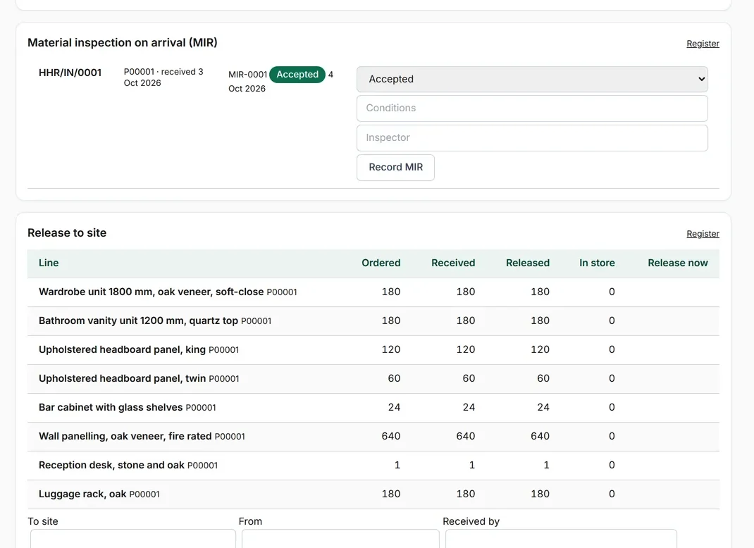 Goods receipt and release to site