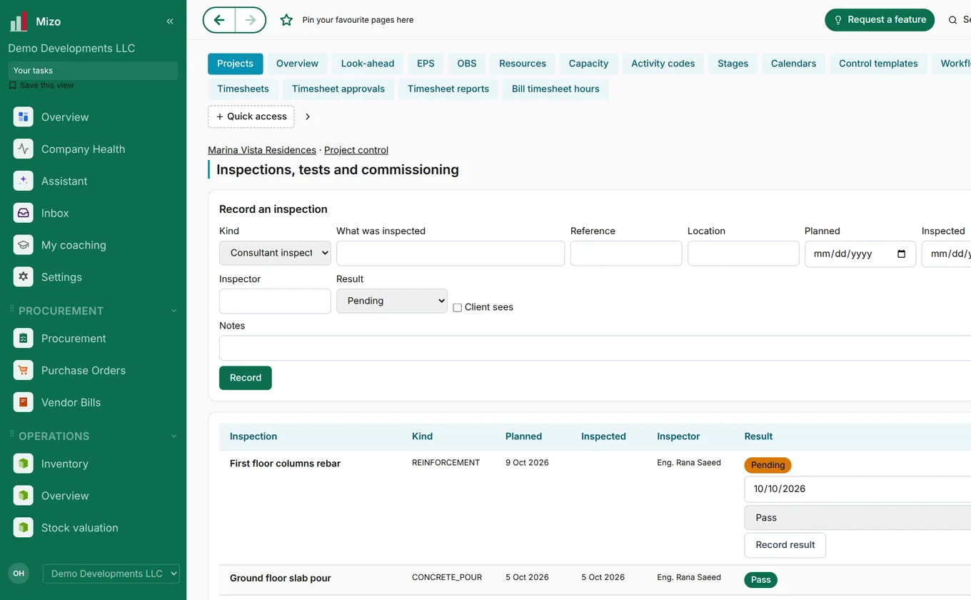 Inspections and tests with planned date, inspector and result