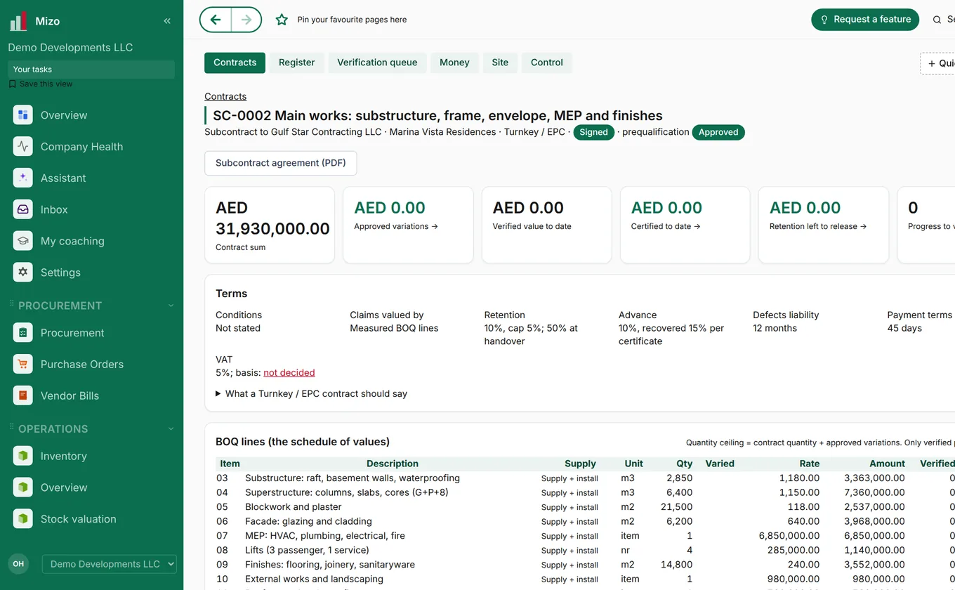 A main works subcontract with contract sum, retention and schedule of values