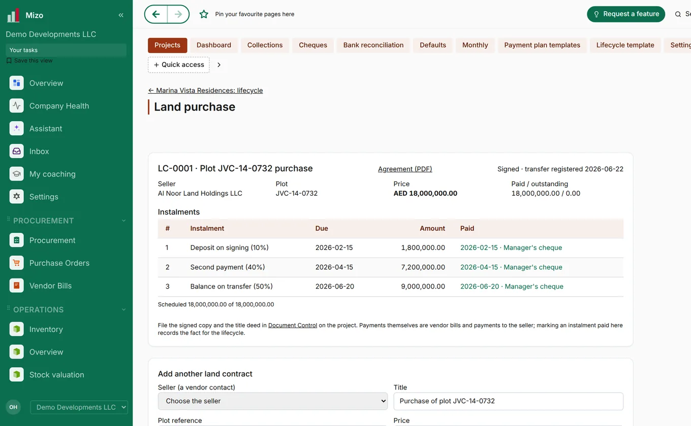 A land purchase with its instalments and registered transfer