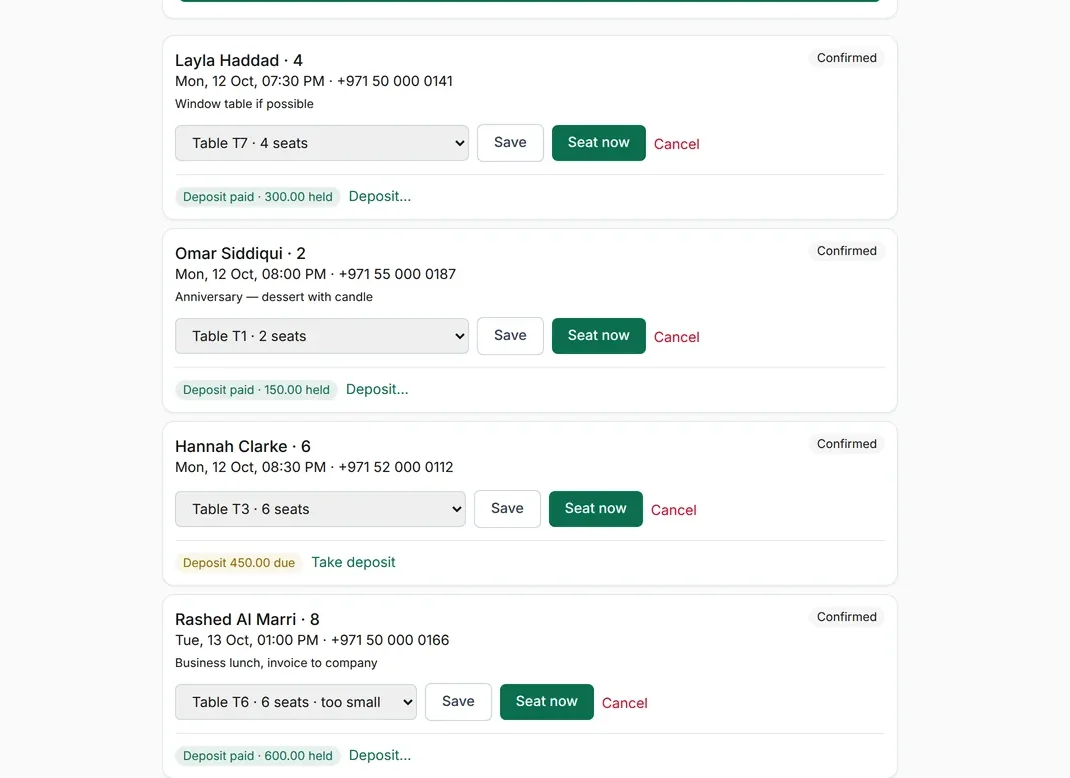 Table bookings with deposits