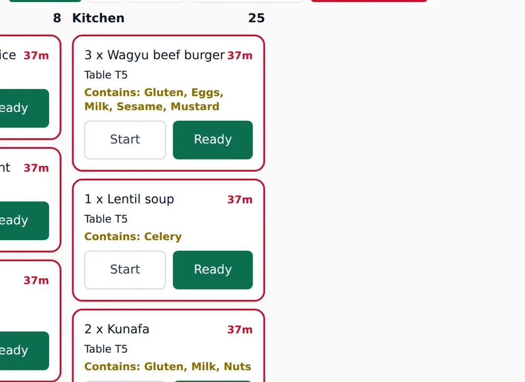 Kitchen display with stations and late tickets