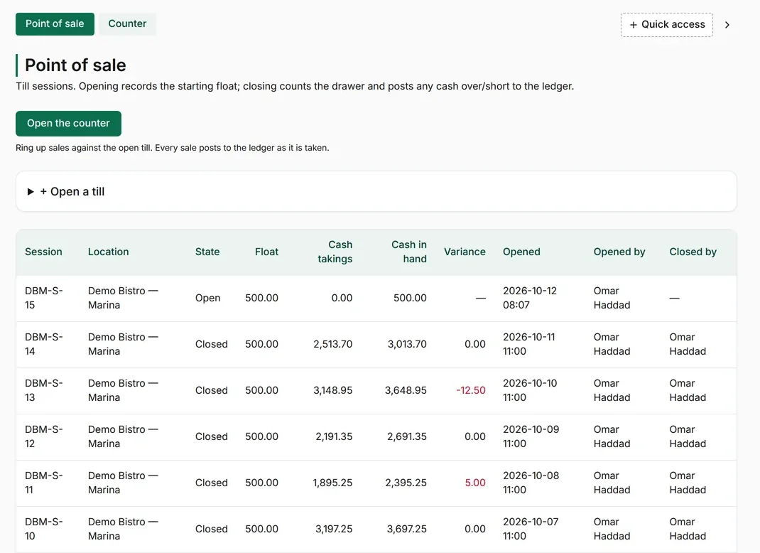 Shift close with cash count and variance