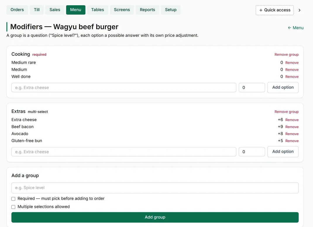 Menu modifiers for a dish