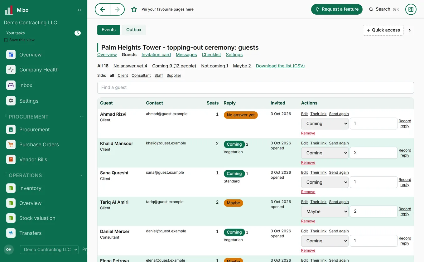 Events: guest lists, invitations, replies, seats and meals